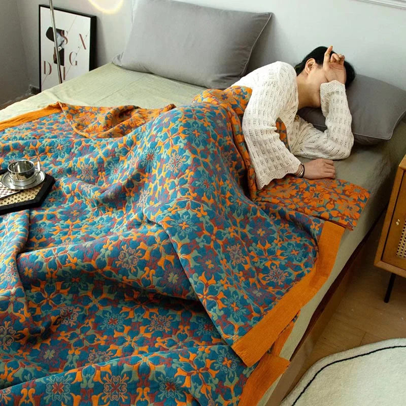 Cosycombe™ Six-Layer Cotton Blanket with Orange and Blue Pattern