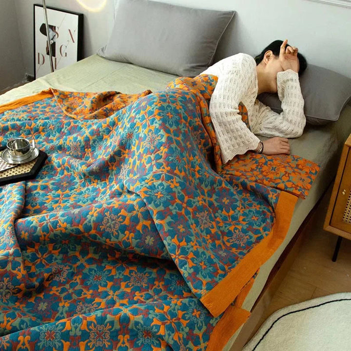 Cosycombe™ Six-Layer Cotton Blanket with Orange and Blue Pattern