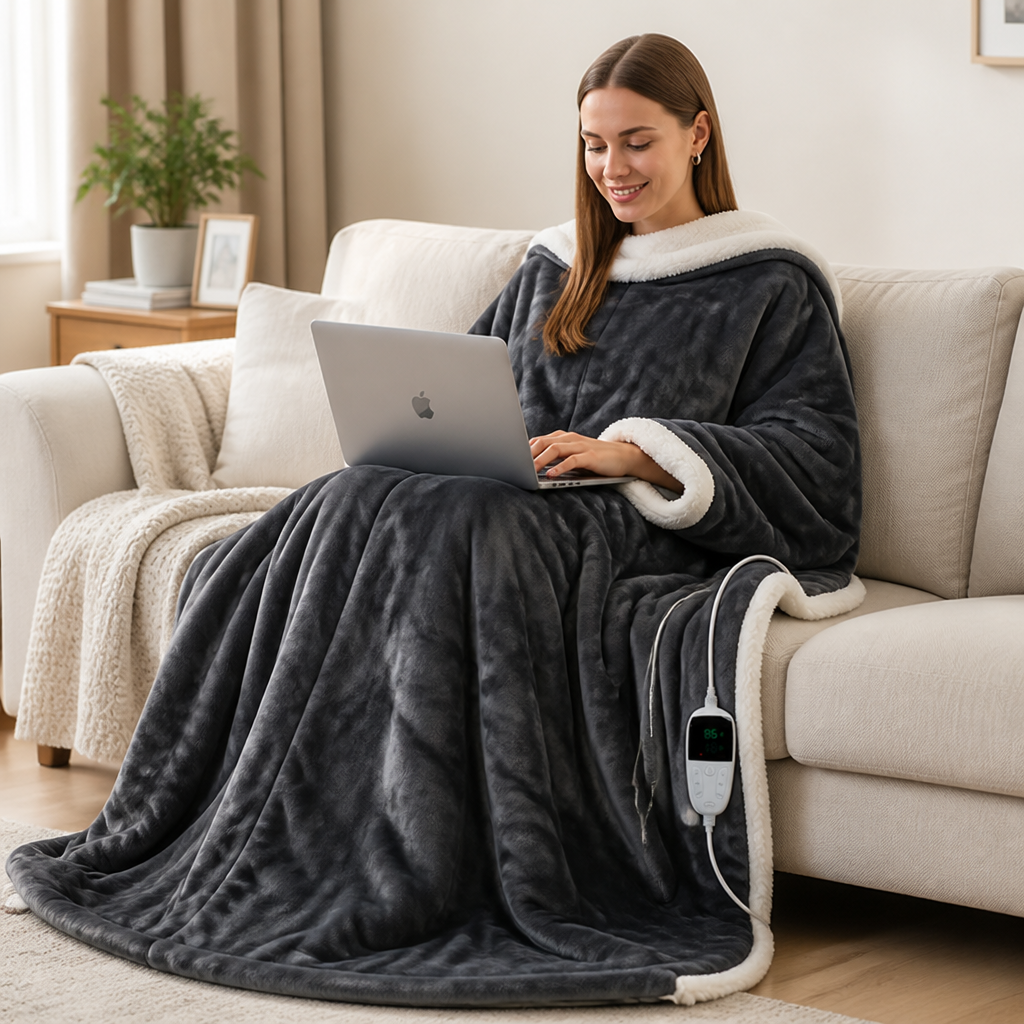 Cosycombe™ Heated Wearable Sherpa Blanket with Sleeves and 6 Heat Settings