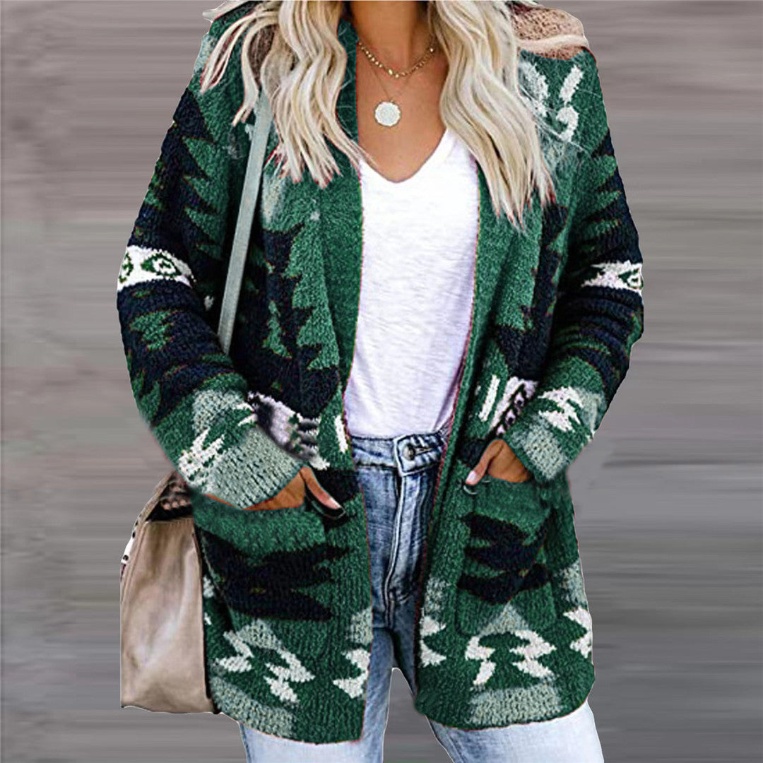 Woman wearing open front geometric knit cardigan