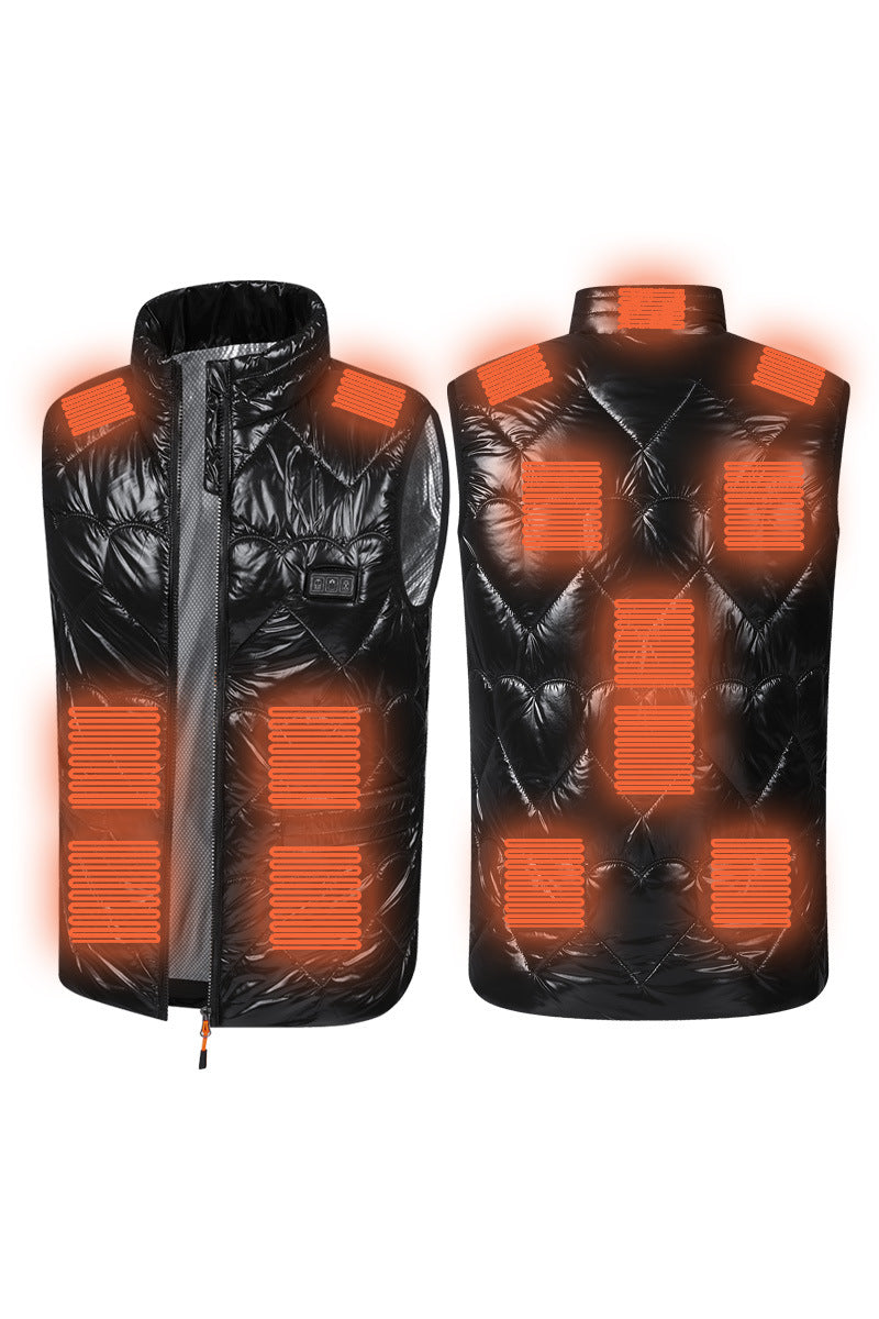 Woman in a glossy quilted heated gilet