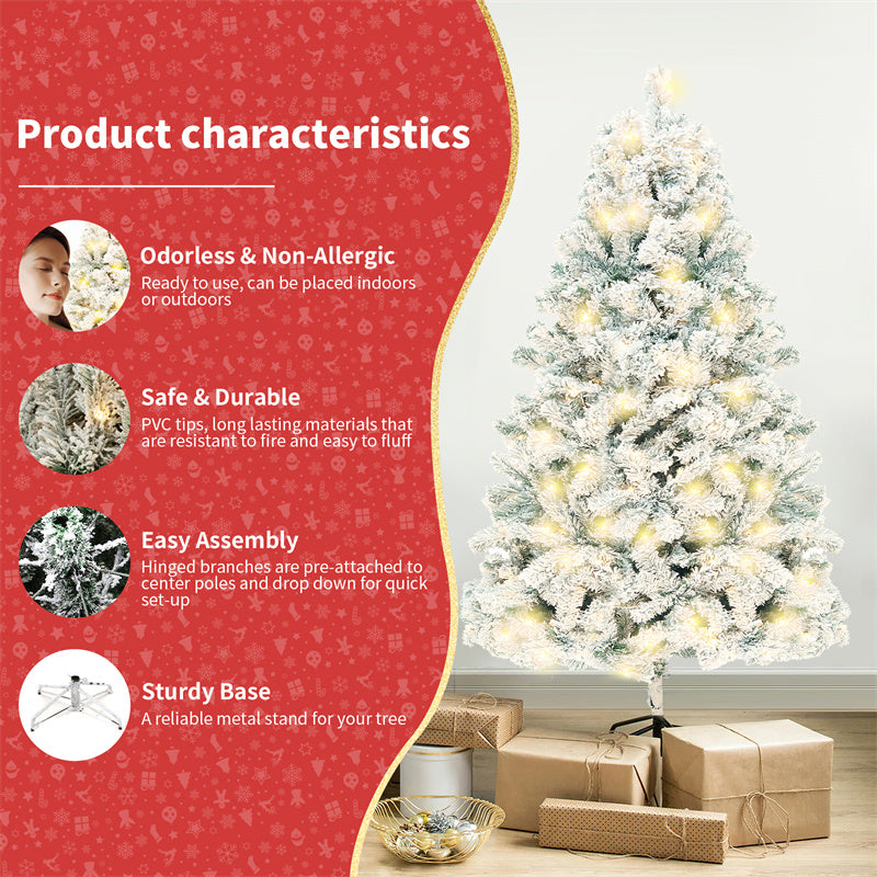 Snow-flocked Christmas tree with warm-white lights