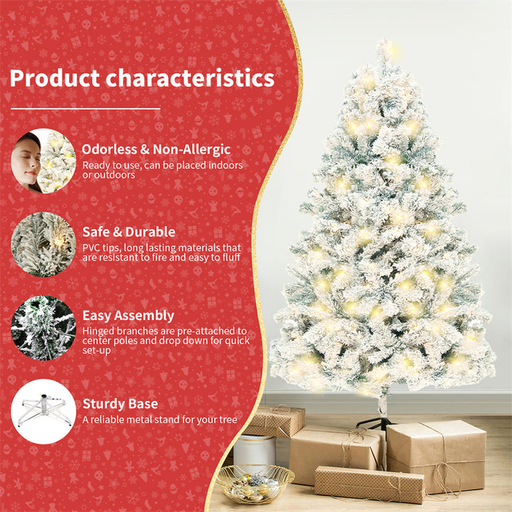 Snow-flocked Christmas tree with warm-white lights