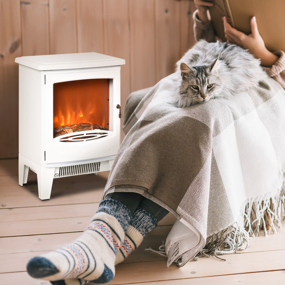 white electric stove with glass door and LED flames