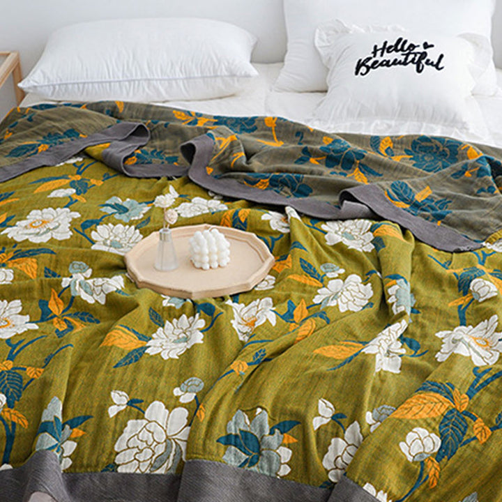 Cosycombe™ Double-Sided Boho Cotton Quilt with Olive Floral Print