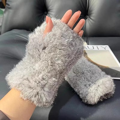 Cosycombe Fluffy Rabbit Fur Fingerless Mittens with Thumb Hole