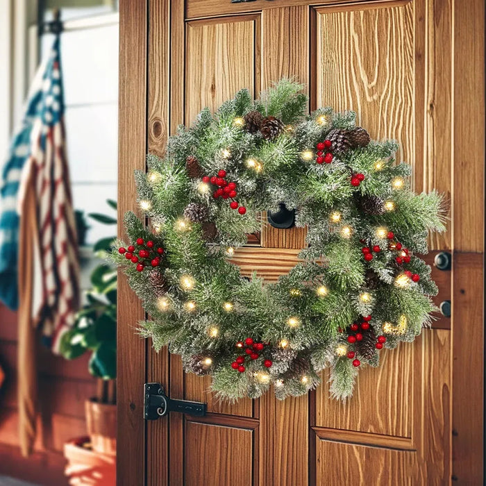 Cosycombe Lighted Christmas Wreath with Timer and Red Berries