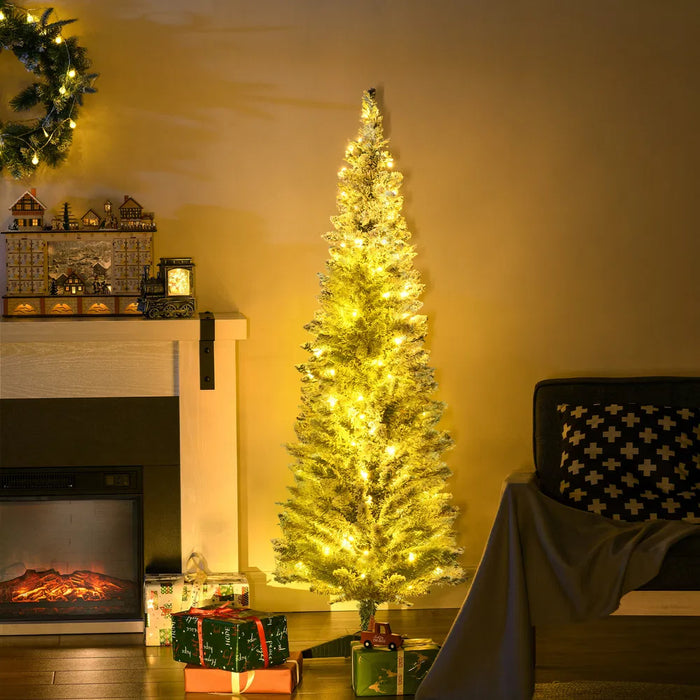 Cosycombe Snowy Pre-Lit Pencil Christmas Tree, 5ft with Lights
