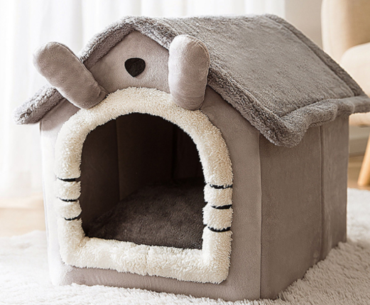 Plush enclosed cat house with cushion