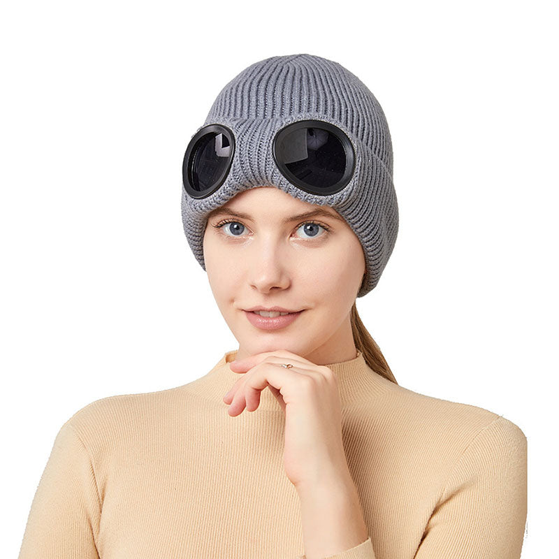 Knit beanie with flip-up goggles on the front