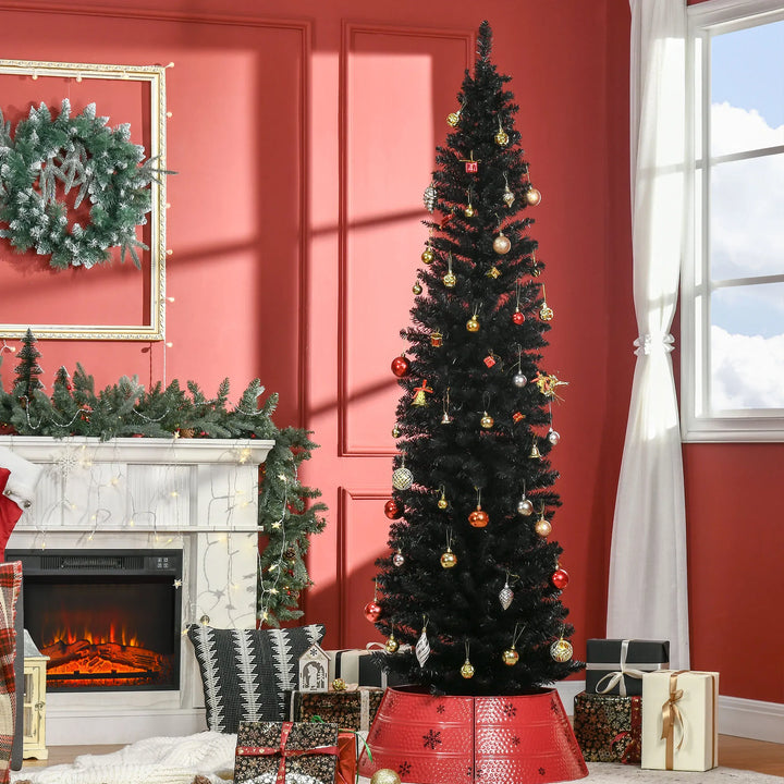Slim black pencil Christmas tree in corner