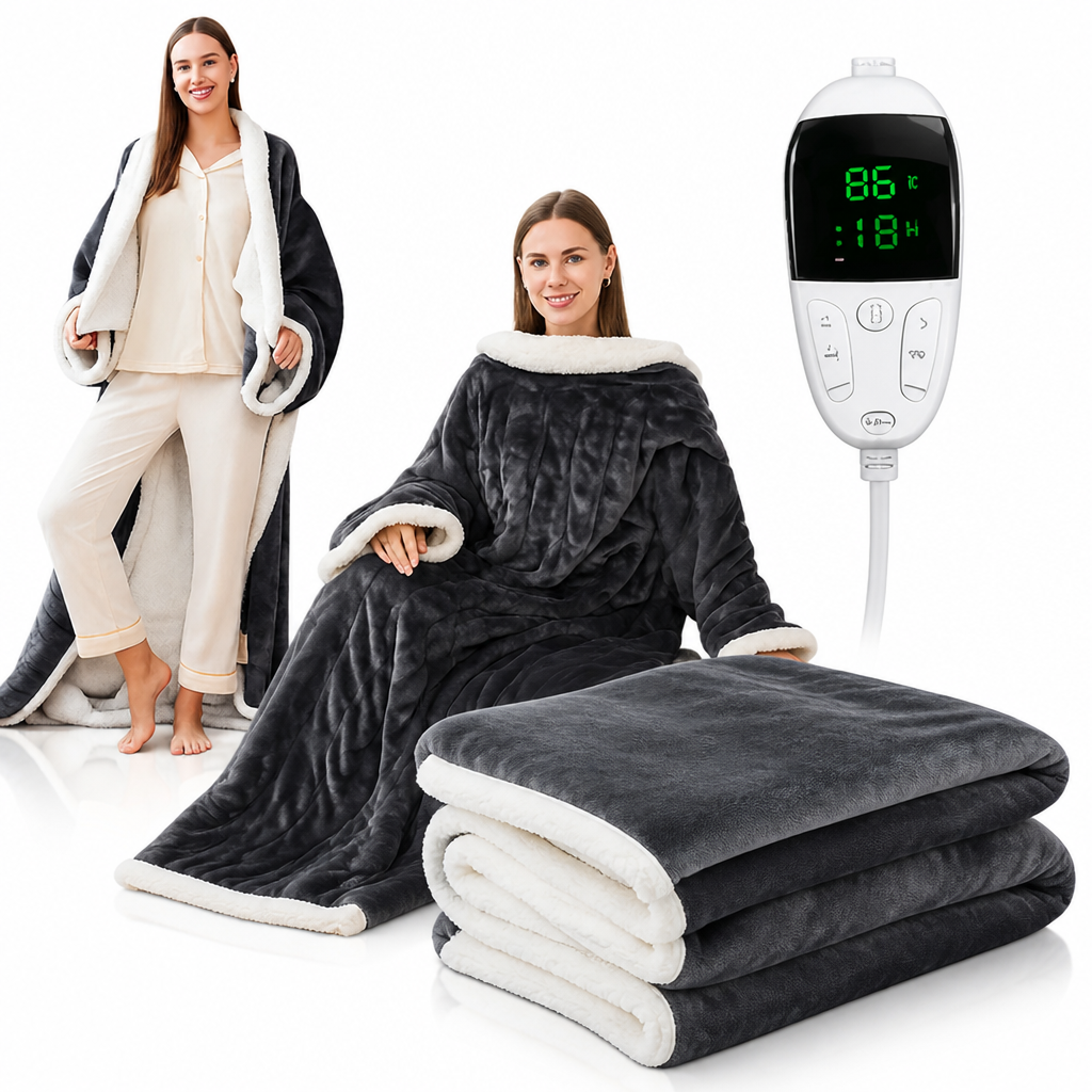 Cosycombe™ Heated Wearable Sherpa Blanket with Sleeves and 6 Heat Settings
