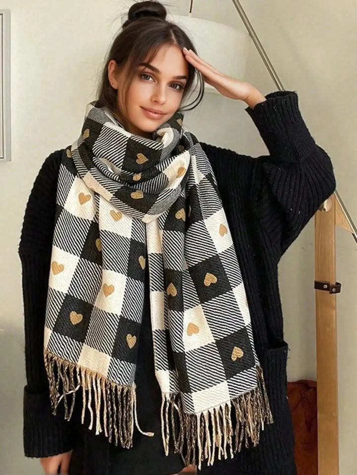 Cosycombe™ Checked Winter Scarf and Shawl with Heart Pattern