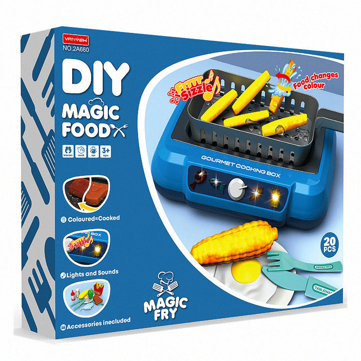 Toy kitchen hob with play food and utensils