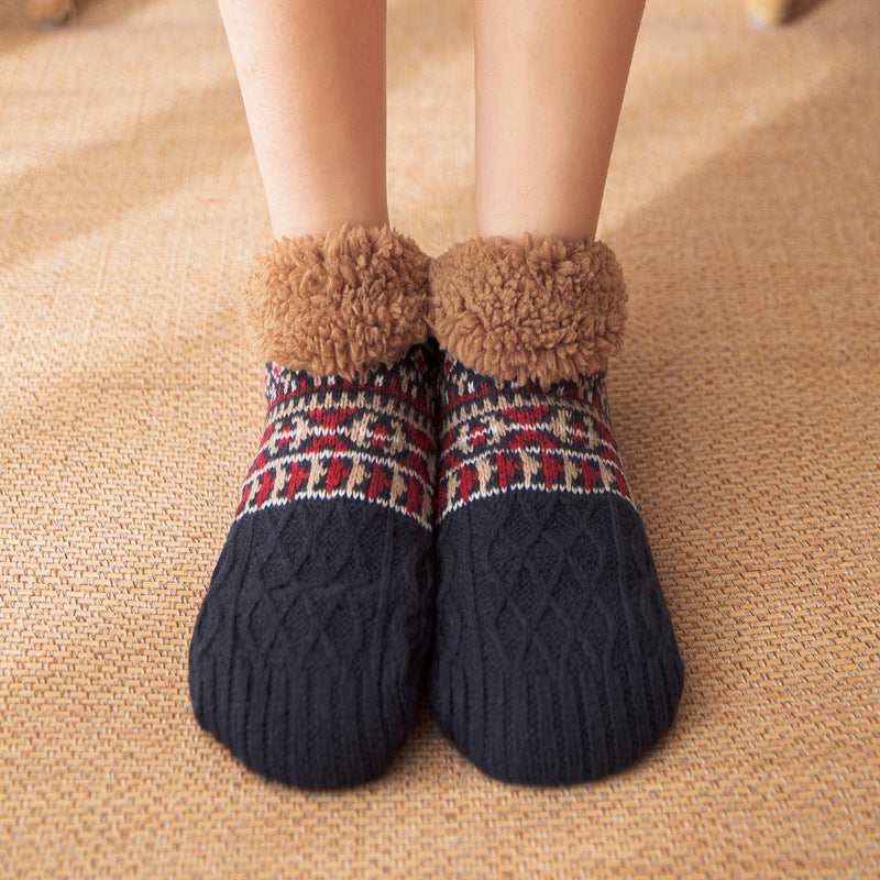 Knitted slipper socks with fleece cuff