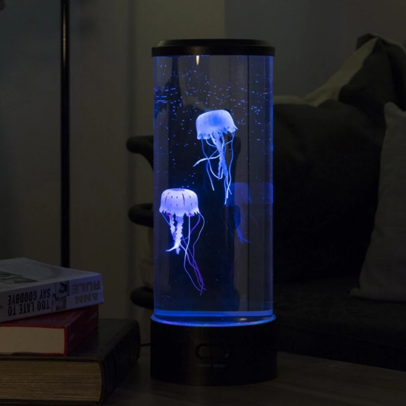 Glowing jellyfish lamp on bedside table