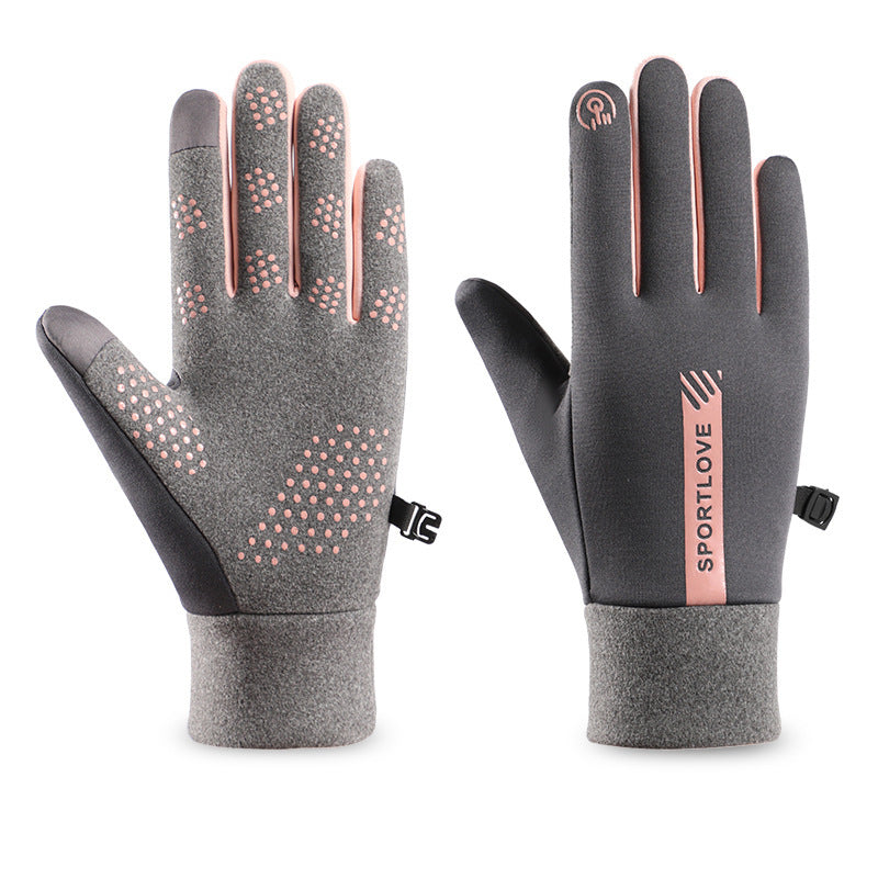 Grey fleece lined water repellent winter gloves