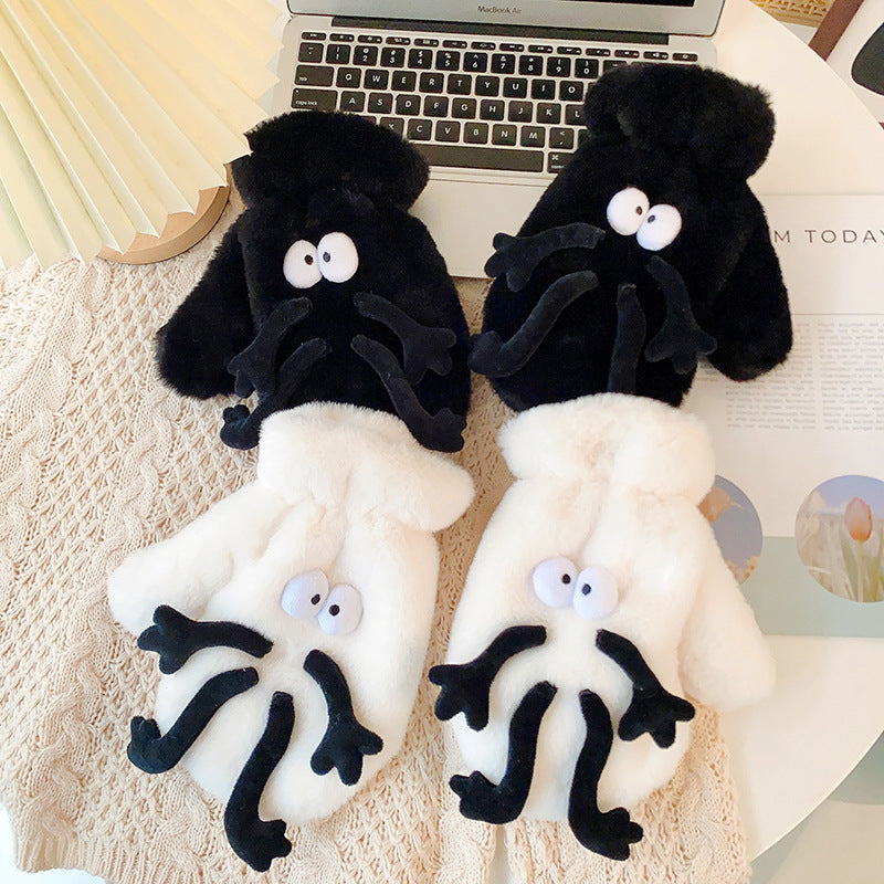 Fluffy white mittens with cartoon face and arms