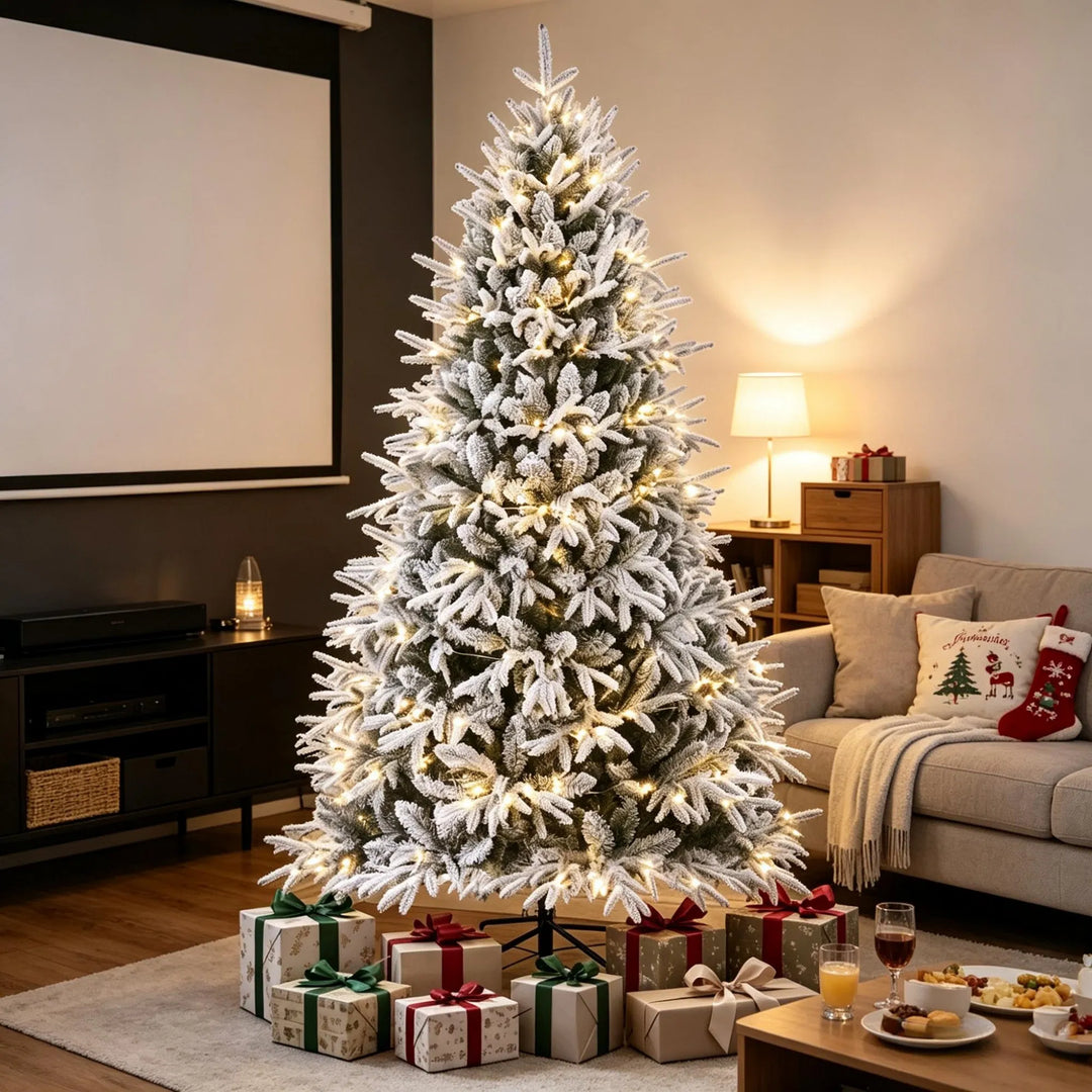 Extra-full flocked Christmas tree with lights