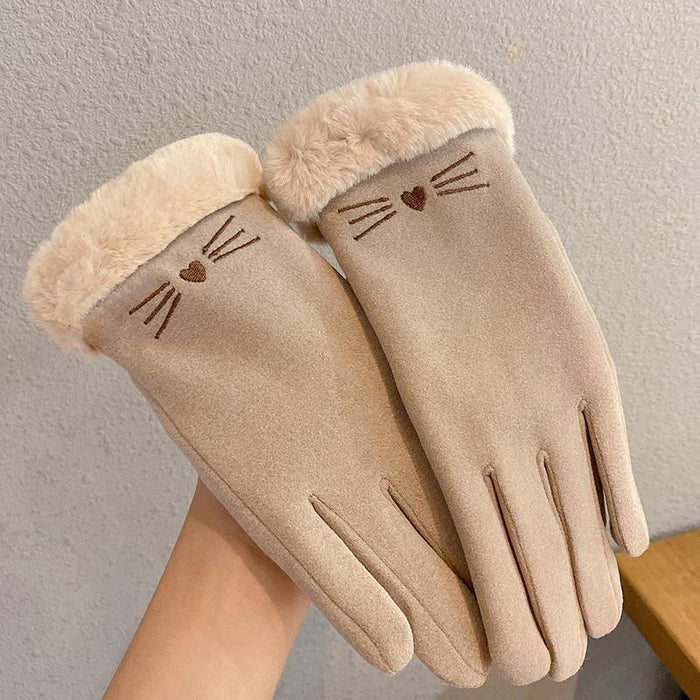 Cosycombe Faux Fur Cuff Winter Gloves with Cat Face Embroidery