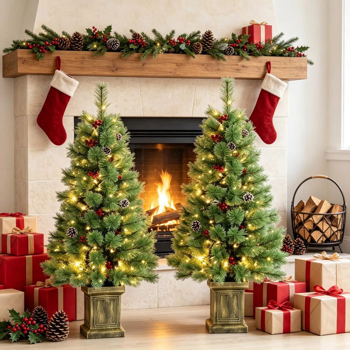 Two pine trees in retro pots