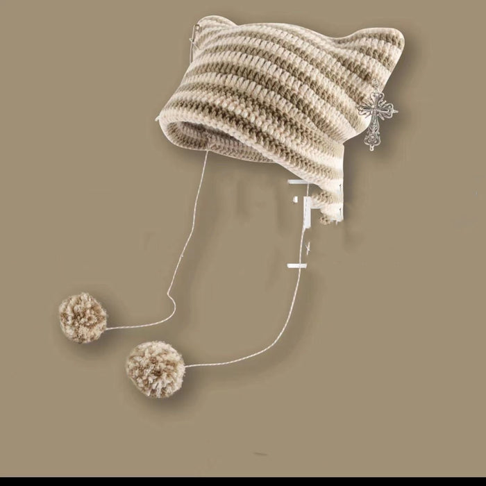Cosycombe Striped Cat Ear Beanie with Star or Pompoms