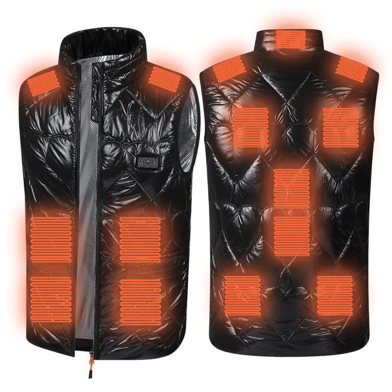 Woman in a glossy quilted heated gilet