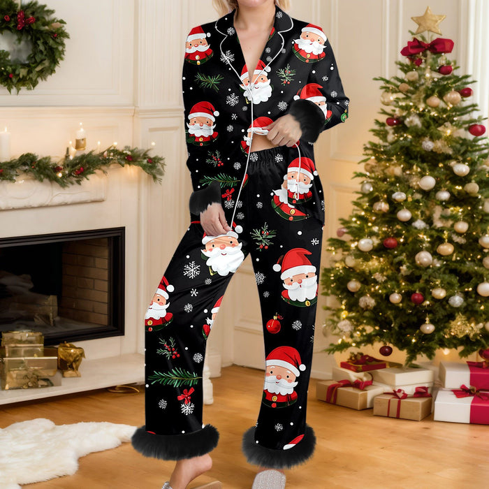 Cosycombe Christmas Print Button Up Pyjama Set with Faux Fur Trim