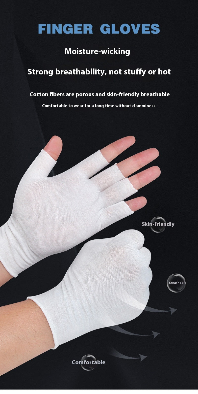 Grey cotton half-finger gloves on hands