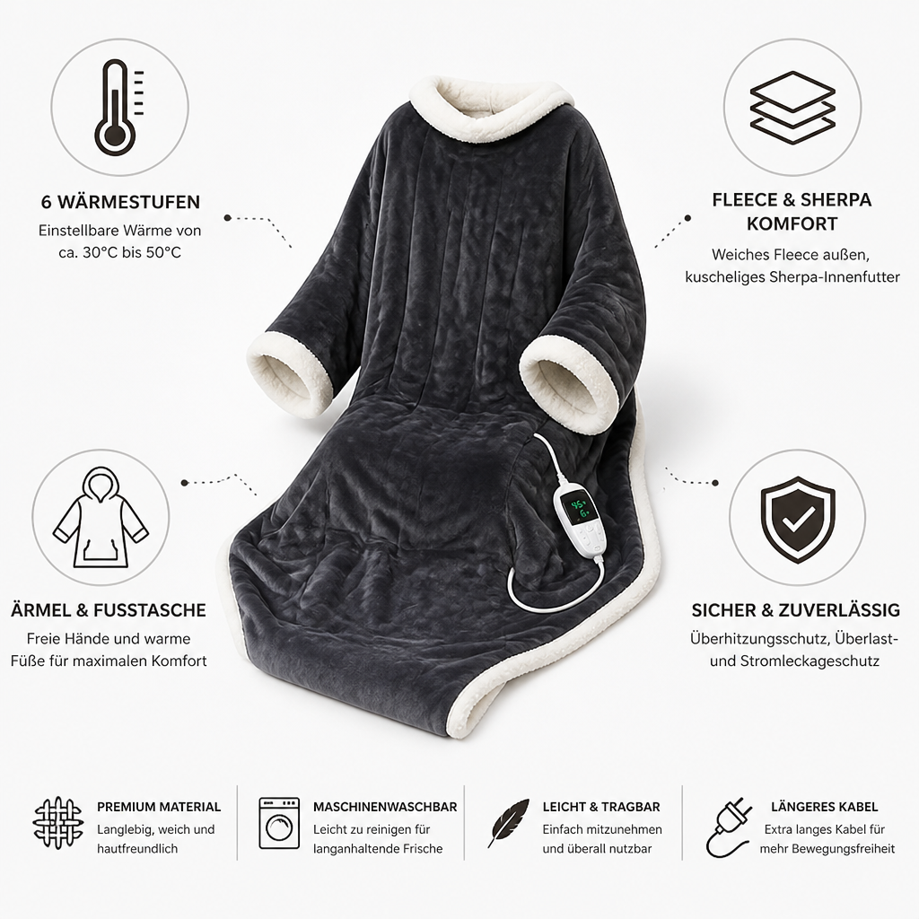 Cosycombe™ Heated Wearable Sherpa Blanket with Sleeves and 6 Heat Settings