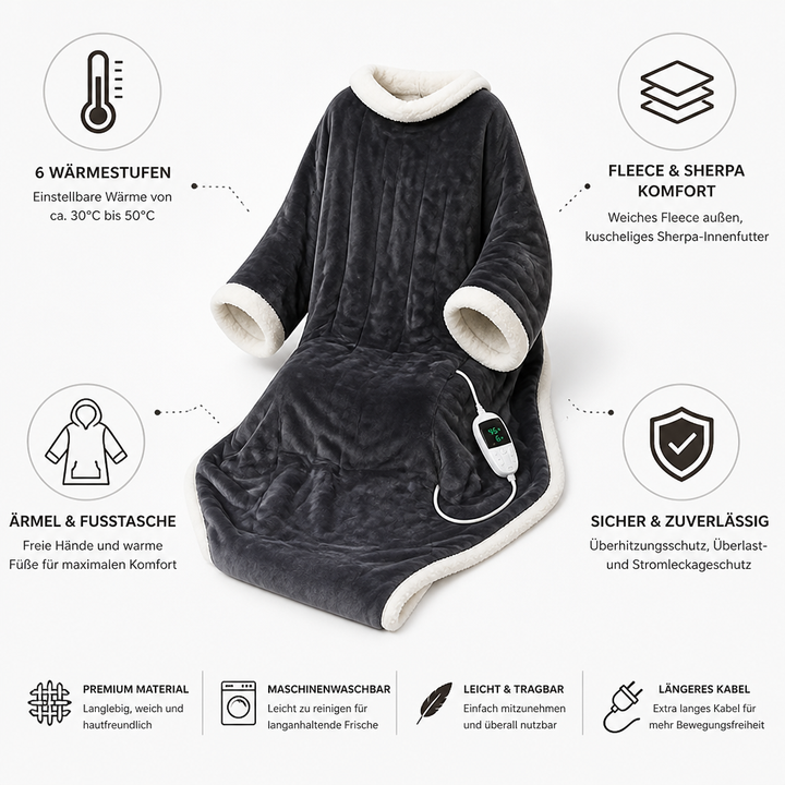 Cosycombe™ Heated Wearable Sherpa Blanket with Sleeves and 6 Heat Settings