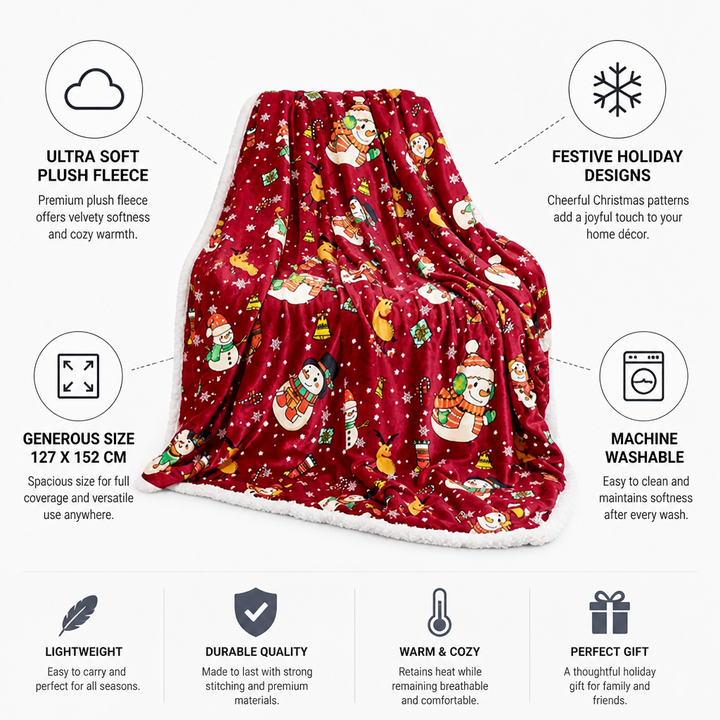 Cosycombe™ Festive Plush Fleece Throw with Christmas Motifs