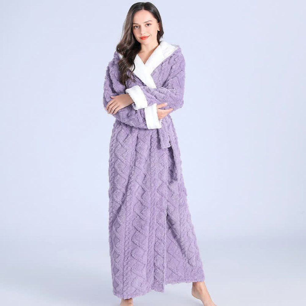 Cosycombe™ Long Plush Knitted Hooded Dressing Gown with Patch Pockets