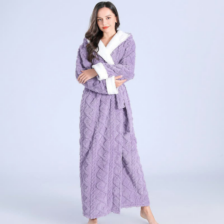 Cosycombe™ Long Plush Knitted Hooded Dressing Gown with Patch Pockets