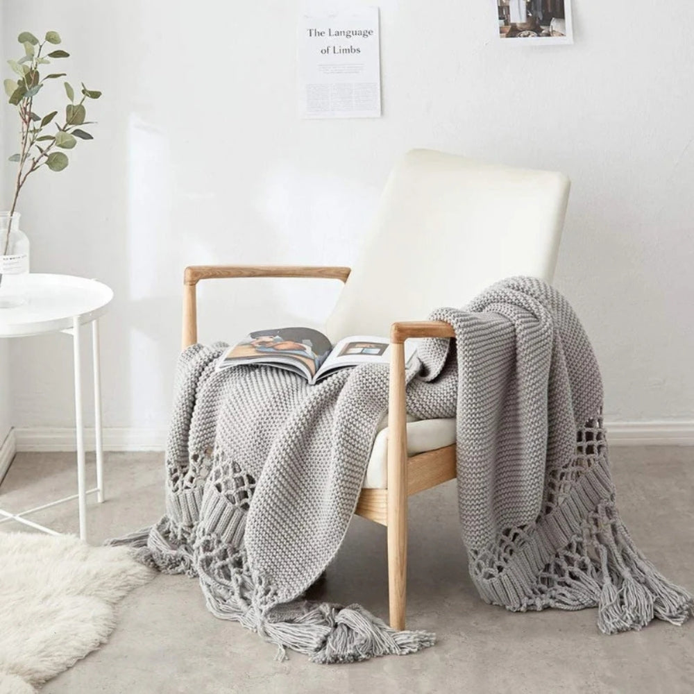 Cosycombe™ Knitted Tassel Throw – Soft, Lightweight Boho Blanket
