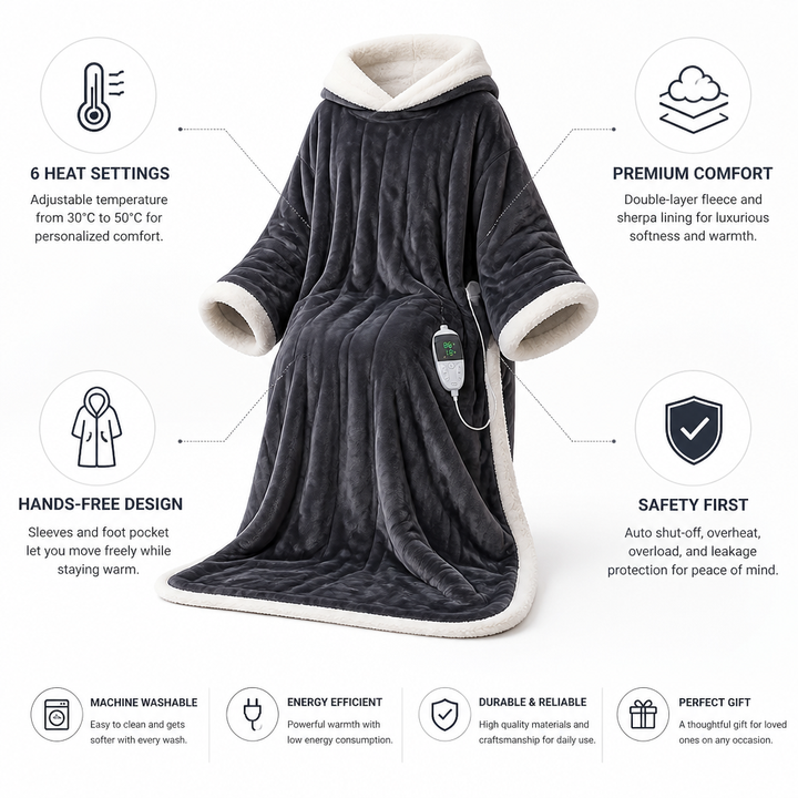 Cosycombe™ Electric Wearable Fleece Blanket with Sleeves, 127 x 177 cm