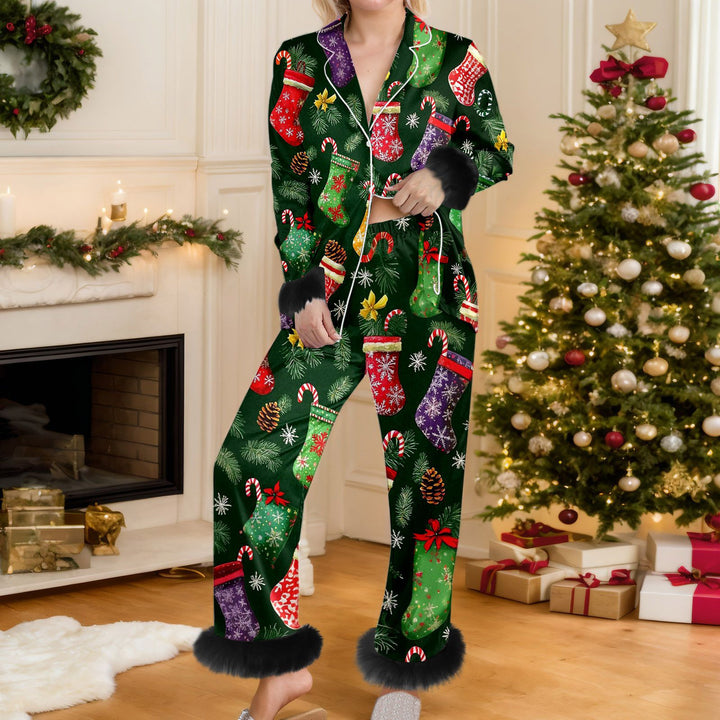 Woman in Christmas print pyjama set