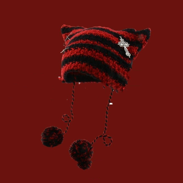 Cosycombe Striped Cat Ear Beanie with Star or Pompoms