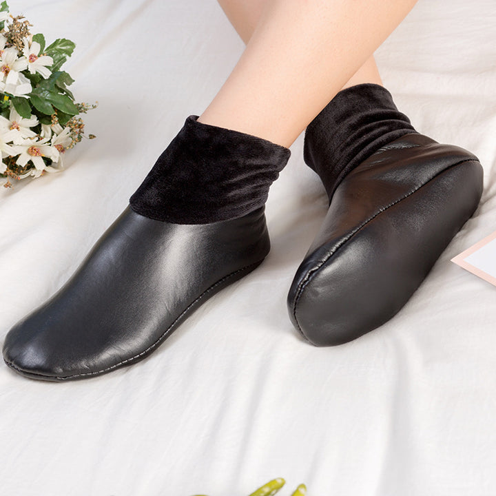 Black faux leather fleece lined slipper boots