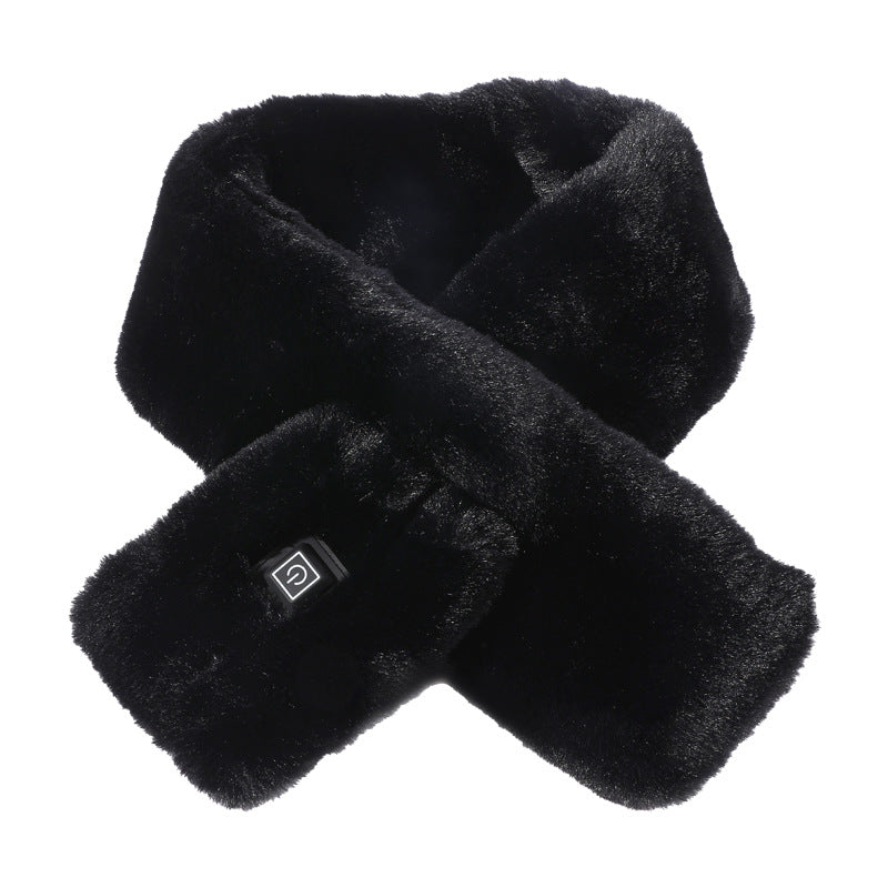 Woman wearing a heated faux fur scarf