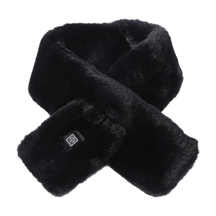 Woman wearing a heated faux fur scarf