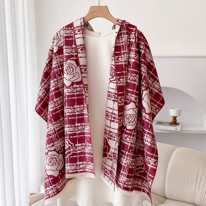 Cosycombe Double Sided Plaid Wrap Shawl with Rose Motif