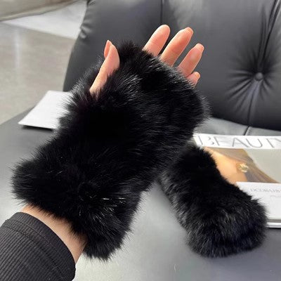 Fluffy rabbit fur fingerless mittens