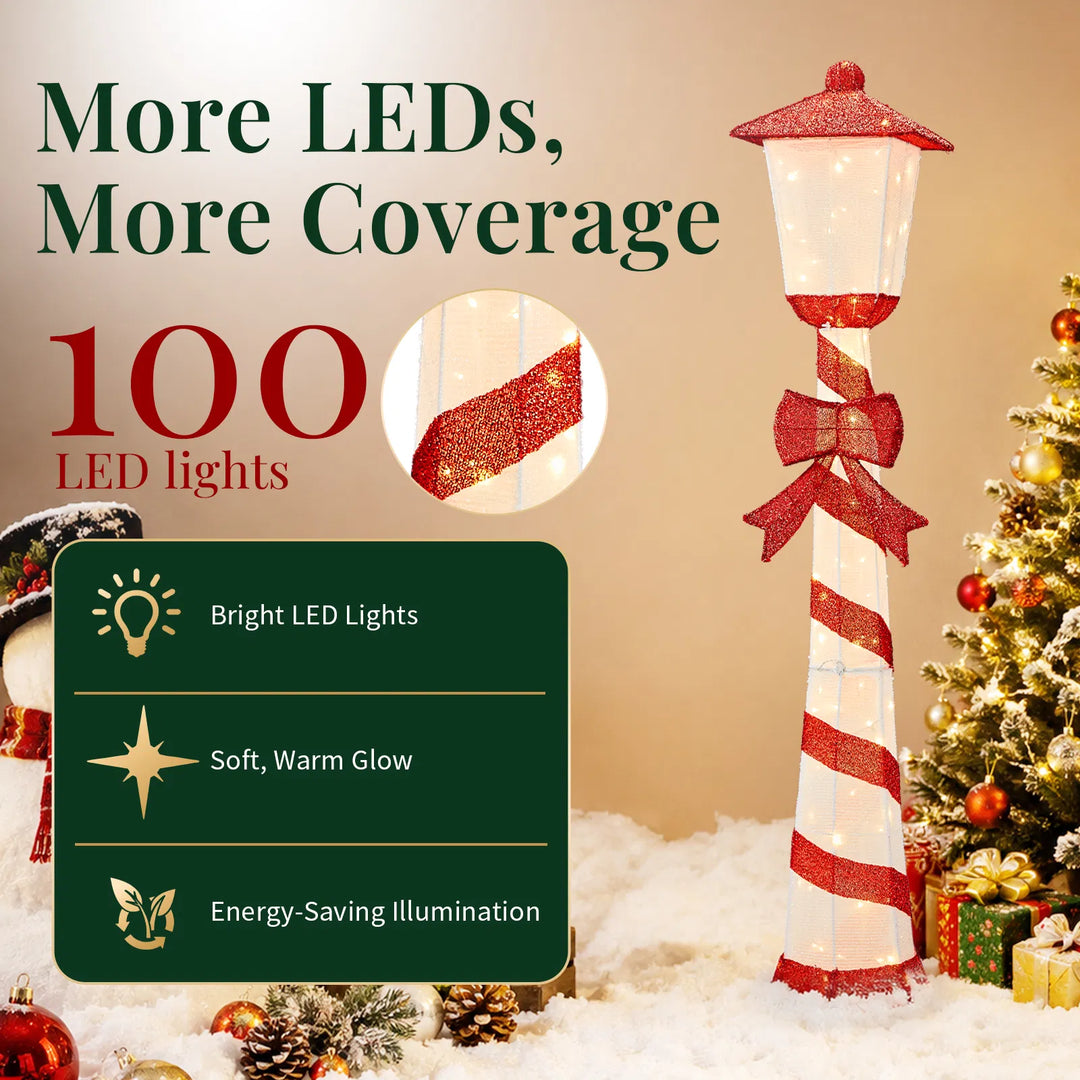 Candy cane striped Christmas lamp post glowing