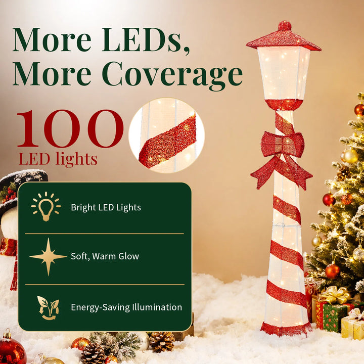 Candy cane striped Christmas lamp post glowing