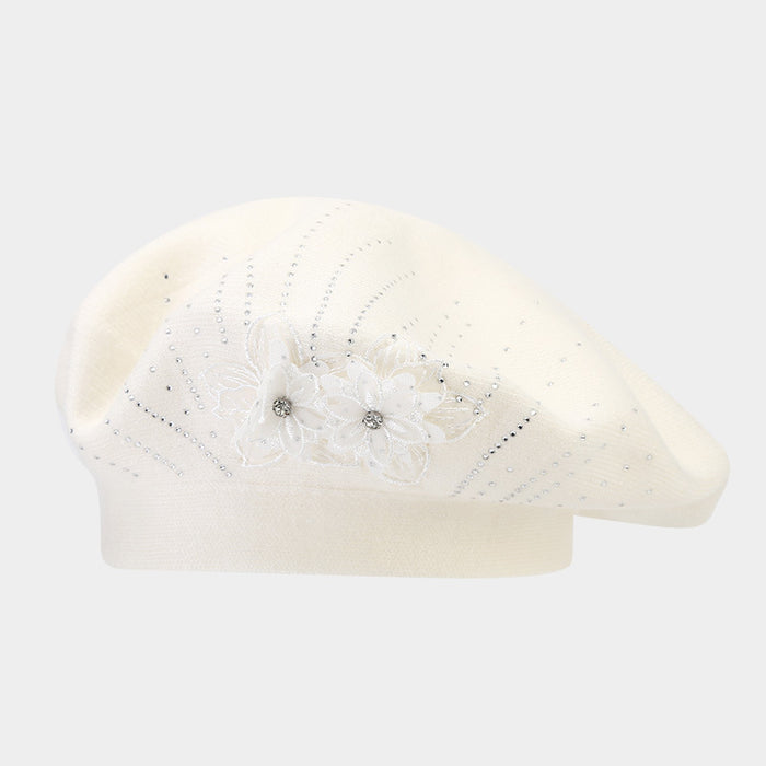 Cosycombe Knit Beret with 3D Flower and Rhinestones