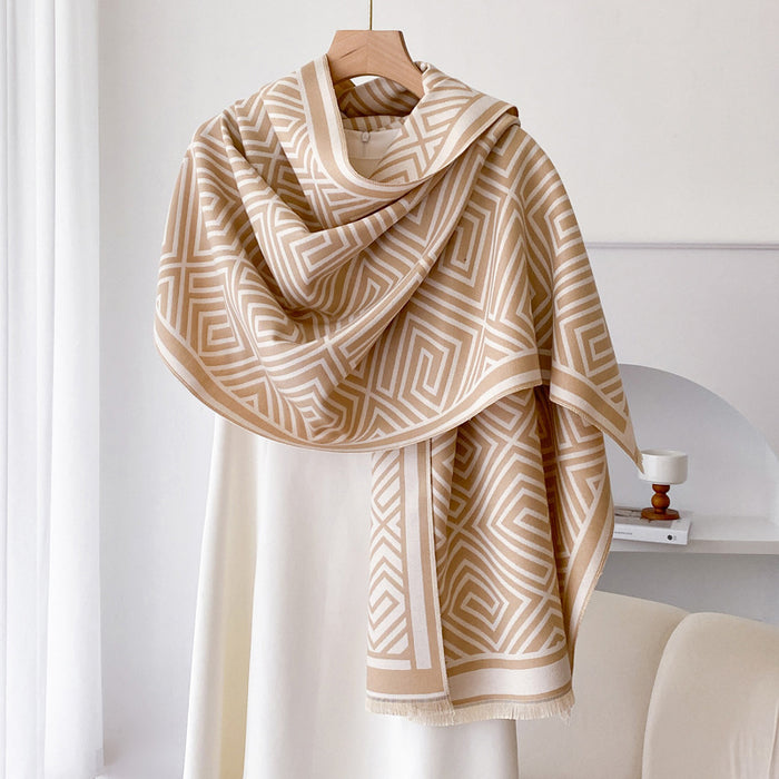 Cosycombe Fringed Cashmere-Feel Shawl Cape with Geometric Pattern