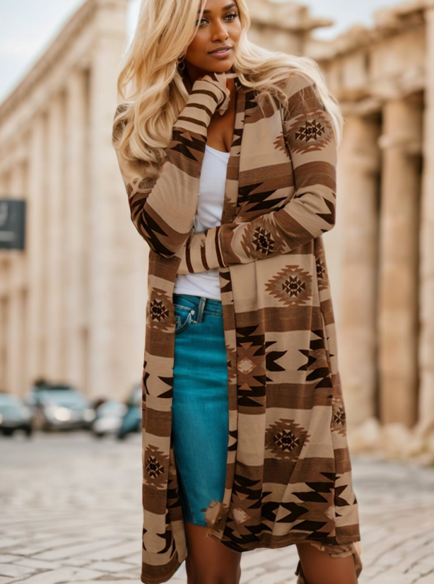 Cosycombe Long Open Front Cardigan with Colour Block Pattern