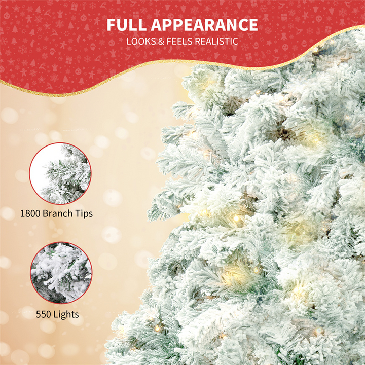 Snow-flocked Christmas tree with warm-white lights