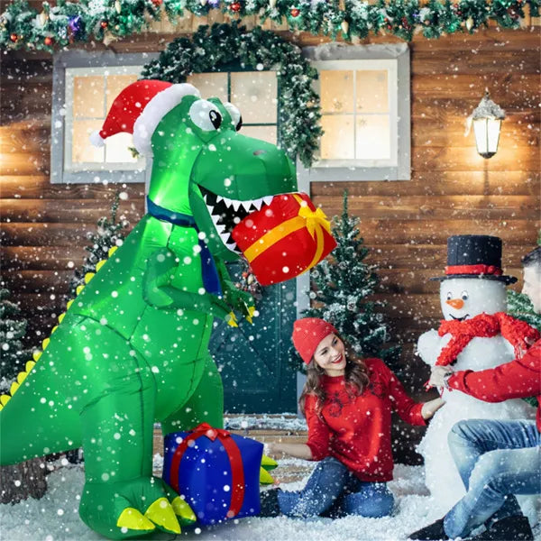 Inflatable T-rex in a Santa hat
